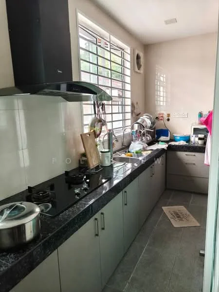 Kitchen features: black granite countertop, grey cabinetry, stainless-steel sink, chrome pull-down faucet, 4-burner gas hob, built-in oven, exhaust hood, tile flooring, window with metal grille, kitchen utensils on countertop, dish rack, microwave, refrigerator; style: modern.