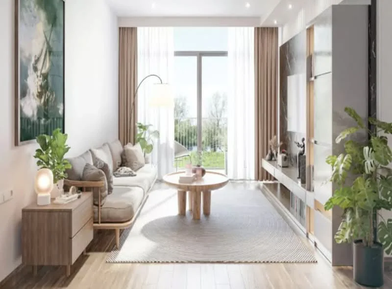 Living features: 3-seater fabric sofa in light grey, wooden coffee table with round top, wooden side table, area rug with circular pattern, floor-to-ceiling windows, sheer curtains, wall-mounted TV, built-in shelving unit, decorative plants, framed artwork, recessed downlights, pendant lamp, wooden flooring; style: modern; view: garden.