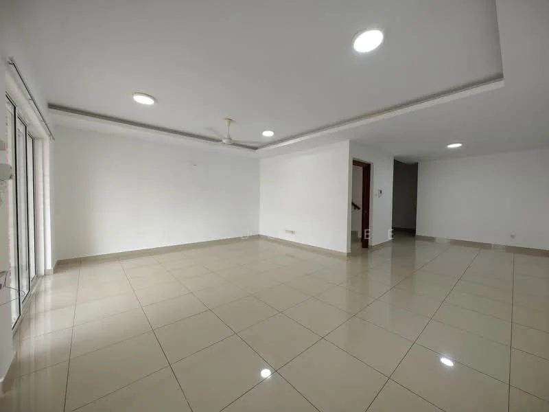 Living features: white painted walls, glossy beige tile flooring, recessed downlights, 5-blade ceiling fan, sliding glass door, large windows, neutral color scheme, open layout; style: modern.