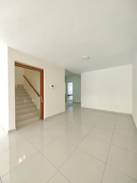 Room features: white painted walls, tile flooring, staircase with wooden handrail, recessed ceiling light, wall-mounted thermostat, large window, open layout, neutral color scheme; style: modern.
