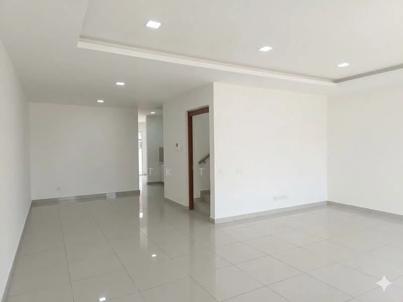 Room features: white painted walls, glossy ceramic tile flooring, recessed LED downlights, open layout, doorway leading to another room, staircase visible in background, large windows for natural light, neutral color scheme; style: modern.