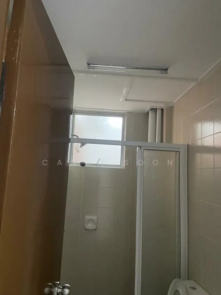 Bathroom features: glass shower enclosure, white tiled walls, white tiled flooring, single-sink vanity, mirror above vanity, toilet, window for natural light, ceiling light fixture.