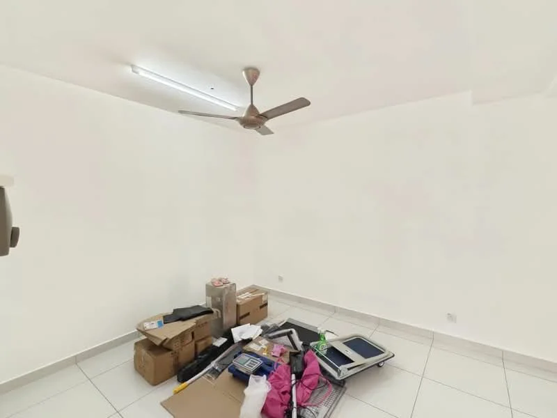 Room features: white painted walls, ceiling fan, tile flooring, fluorescent ceiling light, various cardboard boxes, miscellaneous items on the floor.