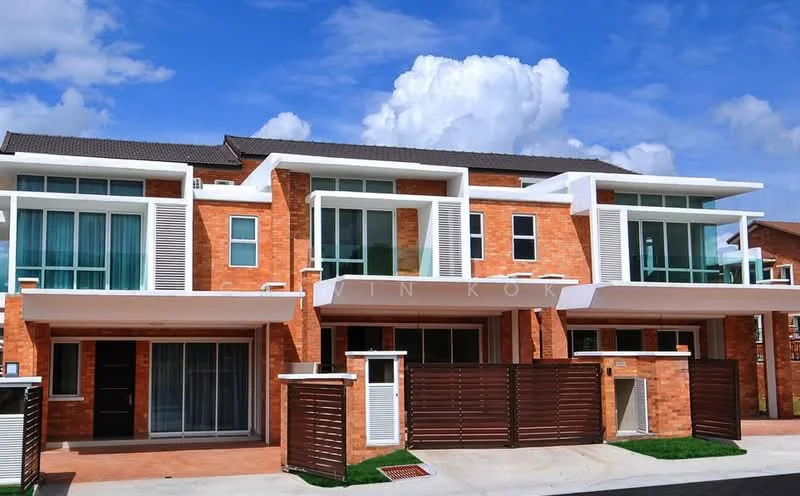 Exterior type: linked terrace house; features: red brick facade, white painted trim, recessed balconies, large glass windows, horizontal louvre screens, flat roof, two-storey, manicured landscaping, driveway, covered car porch; style: modern.