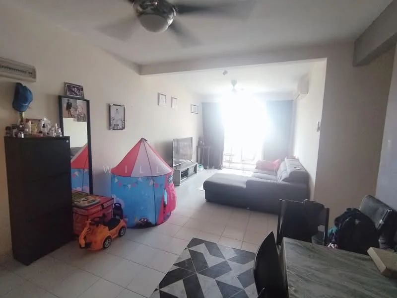 Living features: 3-seater fabric sofa in grey, coffee table, wall-mounted TV, ceiling fan, tile flooring, light-colored walls, large window with natural light, decorative wall art, entertainment unit, play tent for children, colorful children's toys, dining table with chairs; style: modern.