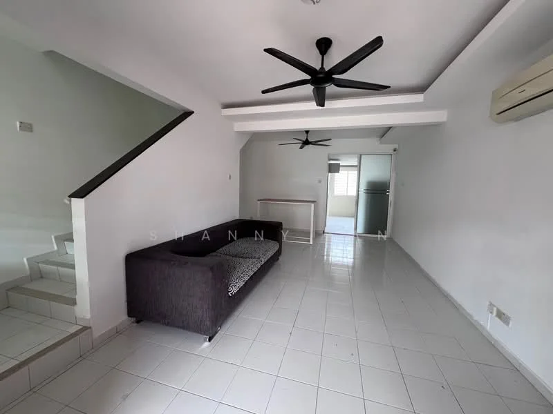 Living features: white painted walls, glossy white tile flooring, 2 ceiling fans, 1 wall-mounted split AC, large windows, open layout, staircase leading to upper floor, sofa, decorative throw blanket; style: modern.