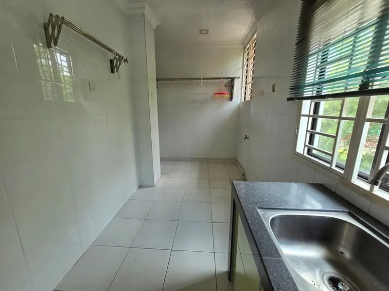 Laundry features: white tiled walls, white tiled flooring, single-bowl stainless-steel sink, black granite countertop, window with green blinds, metal drying rack, wall-mounted hooks, natural light from window; view: garden.