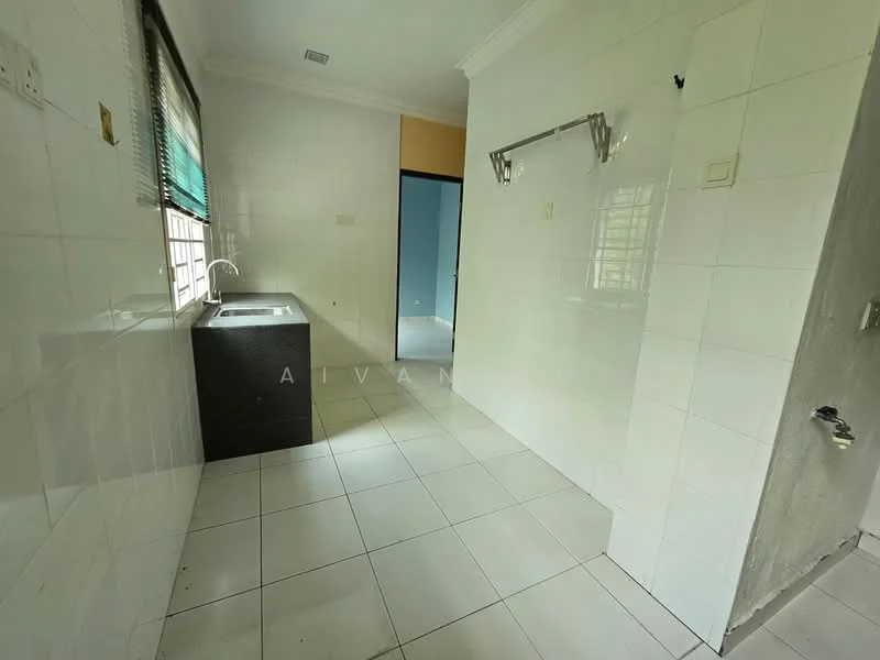 Kitchen features: single-bowl stainless-steel sink, chrome pull-down faucet, black granite countertop, white tiled walls, white tiled flooring, window with blinds, wall-mounted light fixture, open layout, utility area, shelving unit, no visible appliances; style: modern.