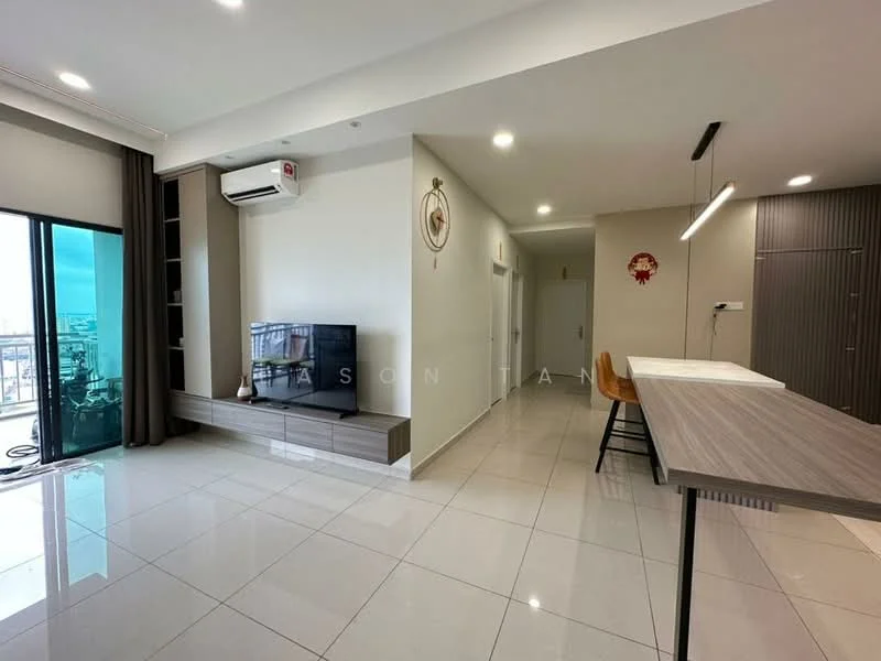 Living features: floor-to-ceiling windows, grey wall-mounted TV console, wall-mounted TV, white ceramic tile flooring, recessed downlights, 1 wall-mounted split AC, open-plan layout, neutral wall colour, decorative wall clock; style: modern; view: city. Room features: white walls, doorway leading to hallway, light wood dining table, black bar stools.
