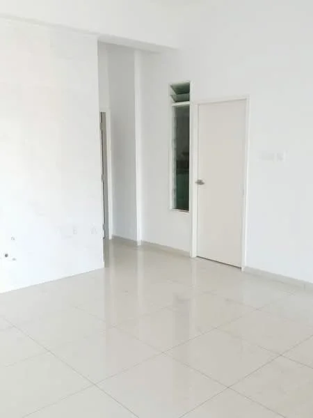 Room features: white painted walls, glossy ceramic tile flooring, single door, window, neutral color scheme; style: minimalist.