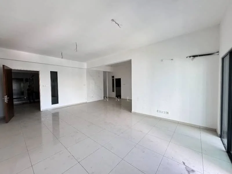 Room features: white painted walls, glossy tile flooring, recessed downlights, sliding glass door, floor-to-ceiling windows, open layout, no visible furniture, neutral color scheme; style: modern.