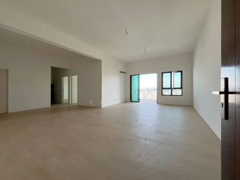 Living features: white painted walls, light wood flooring, floor-to-ceiling windows, sliding glass door, natural light, open layout, minimalist design, view of the city skyline; style: modern; view: city. Room features: white painted walls, light wood flooring, doorway leading to another room.