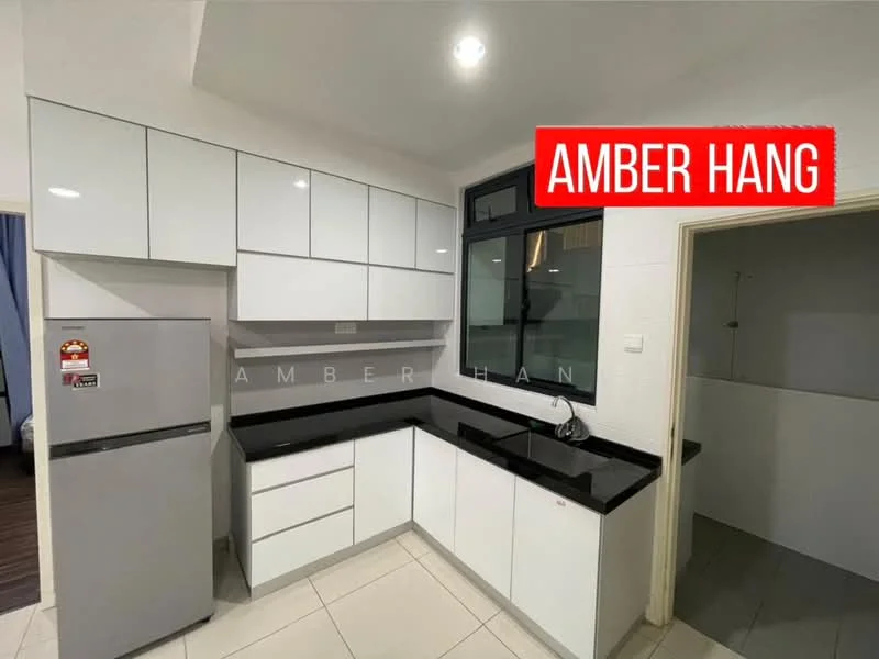 Kitchen features: white flat-panel cabinets, black granite countertop, stainless-steel fridge, single-bowl stainless-steel sink, chrome pull-down faucet, ceramic tile flooring, recessed downlights, window with view to outside; style: modern.