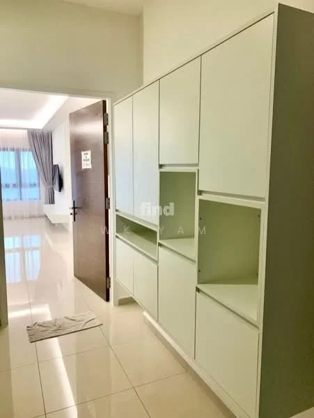 Room features: white cabinetry with open shelving, glossy tile flooring, neutral wall colour, recessed ceiling lights, door leading to another room, large window with sheer curtains, area rug, wall-mounted TV; style: modern.