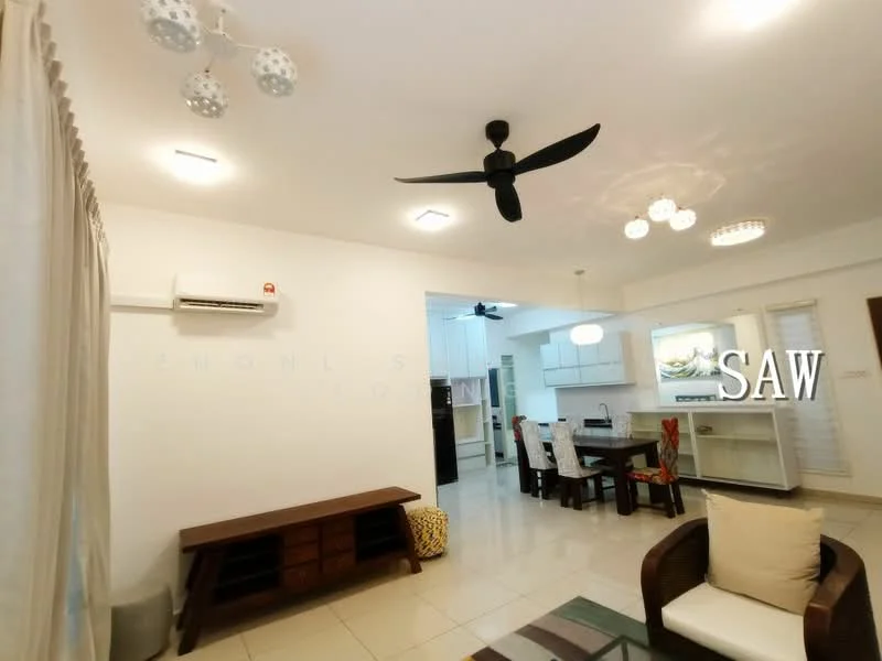 Living features: white painted walls, glossy tile flooring, 5-blade ceiling fan with light, recessed LED downlights, sofa with cushions, coffee table, TV console, air conditioning unit, decorative wall art, curtains, area rug; style: modern. Dining features: dining table with chairs, open-plan layout, kitchen visible in background; style: modern.