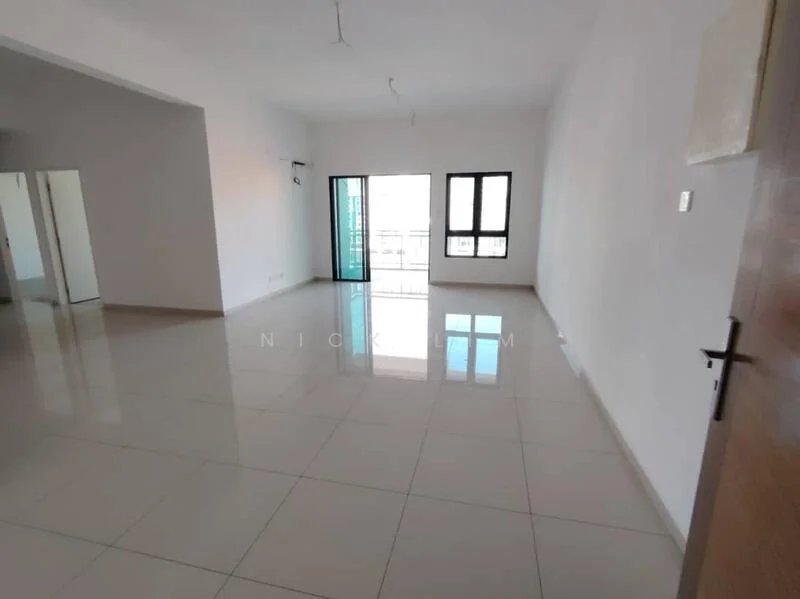 Living features: white painted walls, glossy ceramic tile flooring, floor-to-ceiling windows, sliding glass door, natural light from windows, open layout, no visible furniture, neutral color scheme; style: modern; view: city.