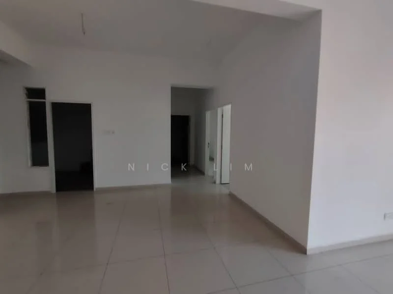 Room features: white painted walls, tile flooring, large windows, doorway leading to another room, neutral color scheme, high ceiling, no visible furniture, open layout; style: modern.