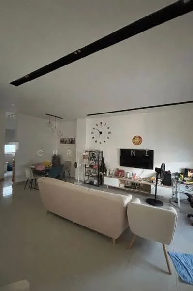 Living features: white painted walls, grey tiled flooring, tray ceiling with recessed lighting, chandelier, wall-mounted TV, white TV console, decorative wall clock, sofa in light beige, dining table with chairs, open shelving unit, area rug, decorative items on shelves; style: modern.