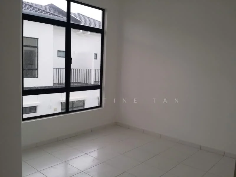Room features: white painted walls, large floor-to-ceiling window, tile flooring, neutral color scheme, natural light from window, view of adjacent building, minimalist decor; style: modern.