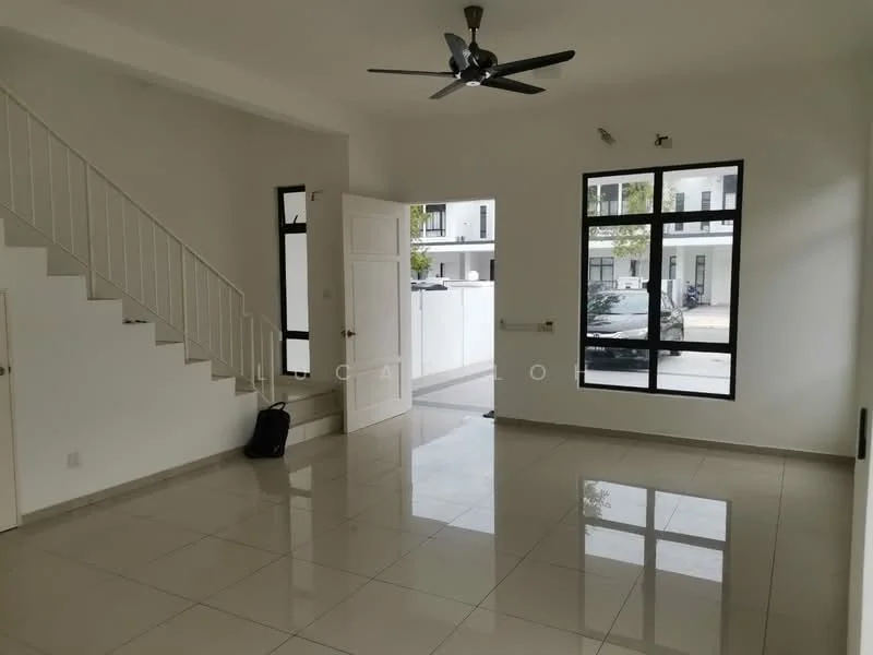 Living features: white painted walls, glossy ceramic tile flooring, 5-blade ceiling fan with light, large windows with black frames, staircase with white railing, door leading to outside, neutral color scheme, natural light from windows; style: modern.