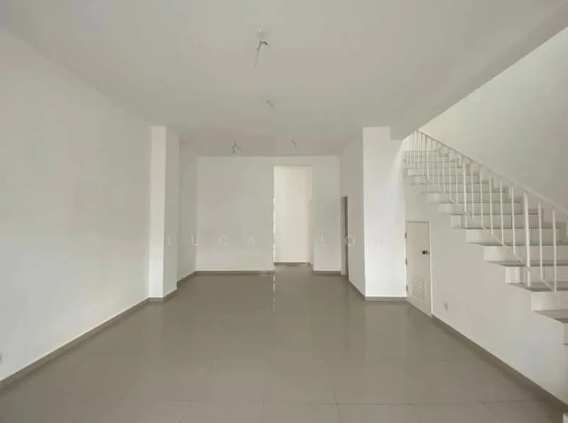 Living features: white painted walls, grey tiled flooring, recessed downlights, staircase with white railing, open layout, large space, no visible furniture, neutral color scheme; style: modern.