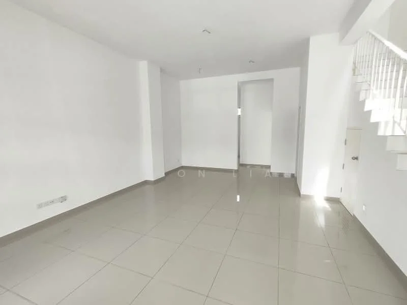 Room features: white painted walls, glossy ceramic tile flooring, recessed downlights, open layout, large windows, neutral color scheme, corner for potential staircase, no visible furniture; style: modern.