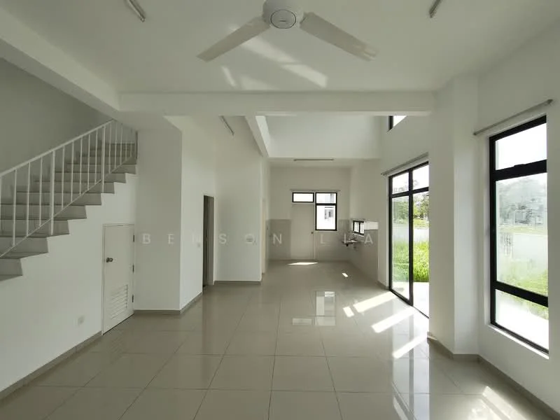 Room features: white painted walls, polished ceramic tile flooring, 5-blade ceiling fan, floor-to-ceiling windows, sliding glass door, high ceiling, staircase with white railing, natural light from windows, open layout, corner windows, view of greenery outside; style: modern; view: garden.