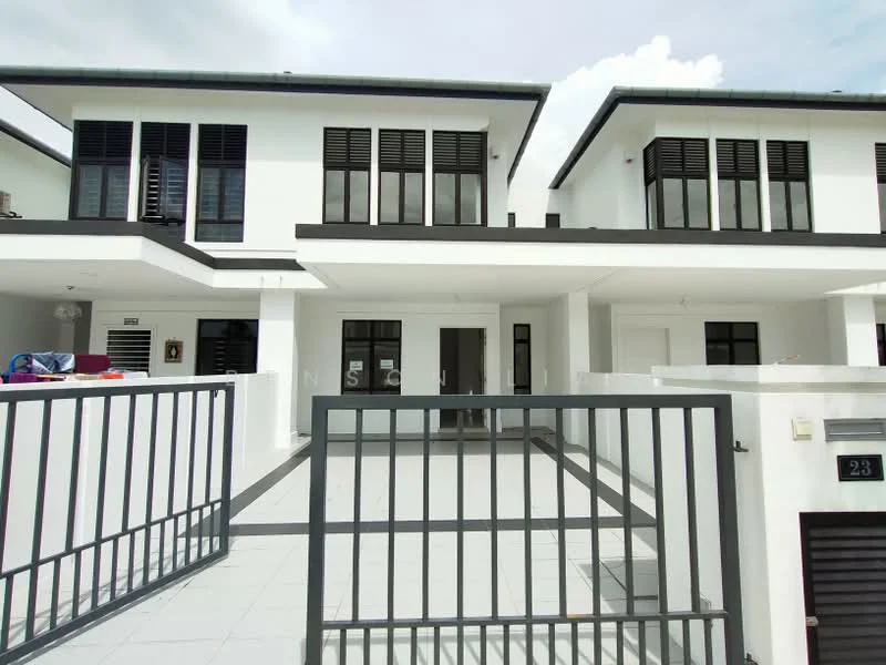 Exterior type: linked terrace house; features: white painted facade, flat roof, two-storey building, black window shutters, gated entrance, paved driveway, front porch area, minimalist design, surrounded by greenery; style: modern.