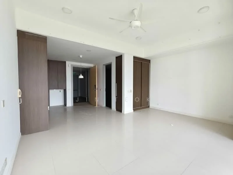 Room features: white painted walls, light-colored tiled flooring, ceiling fan, recessed downlights, built-in cabinetry, open layout, doorway leading to another room, pendant light fixture; style: modern.