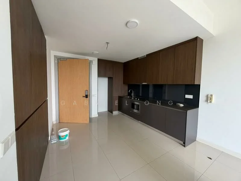 Kitchen features: brown wooden cabinetry, black countertop, stainless-steel built-in oven, stainless-steel microwave, single-bowl stainless-steel sink, chrome pull-down faucet, white tiled backsplash, cream ceramic tile flooring, recessed downlights, open layout, floor-to-ceiling windows, unfinished wall section, bucket on the floor; style: modern.