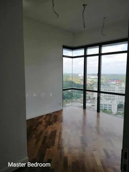 Bedroom features: wooden flooring, floor-to-ceiling windows, city view, white walls, unfurnished, high ceiling, natural light, corner room; style: modern; view: city.