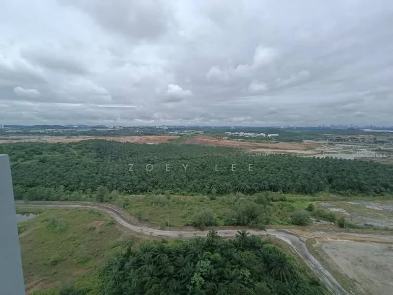 Exterior features: lush greenery, distant hills, cloudy sky, open land, paved road, vegetation, urban skyline in background.