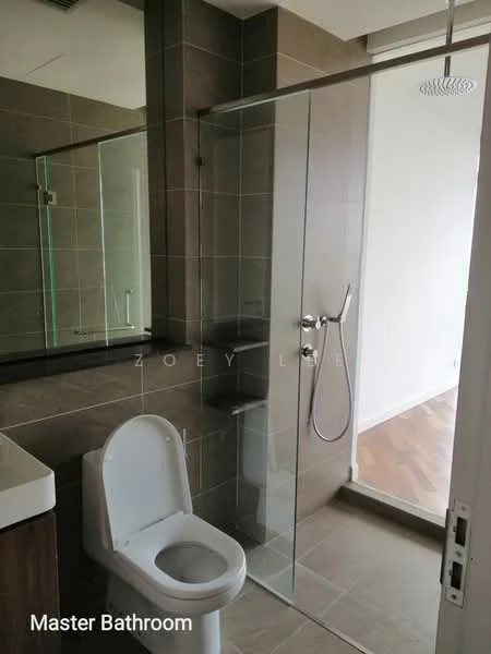 Bathroom features: glass shower enclosure, rain shower head, handheld shower, white toilet, single-sink vanity with wood cabinet, mirror above vanity, grey tiled walls, light brown tiled flooring, recessed lighting; style: modern.