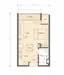 Floor plan: 1-bedroom 1-bathroom unit; features: open-plan kitchen-dining-living, master bedroom with ensuite bathroom, balcony off living room, utility room, central foyer.