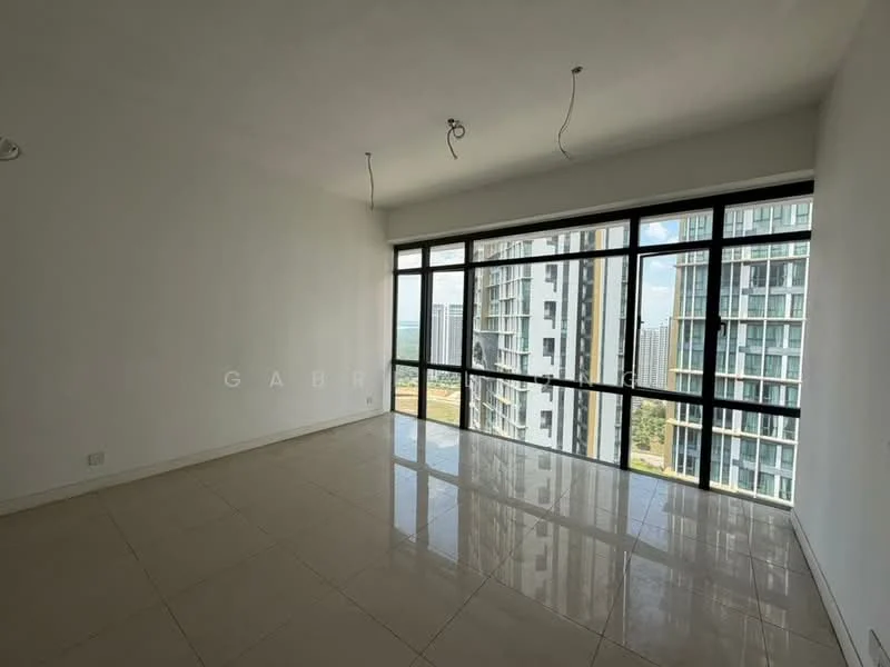Room features: white painted walls, polished ceramic tile flooring, floor-to-ceiling windows, city view, exposed ceiling with light fixtures, open layout; style: modern; view: city.