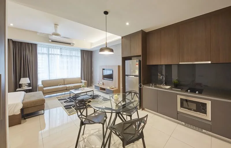 Living features: sofa in beige, coffee table, wall-mounted TV, TV console, area rug with geometric pattern, floor-to-ceiling windows with sheer curtains, 5-blade ceiling fan with light, recessed downlights, dining table with 4 black chairs, kitchen cabinetry in dark wood, black countertop, built-in microwave, stainless-steel fridge, decorative plant in ceramic pot; style: modern; view: city.
