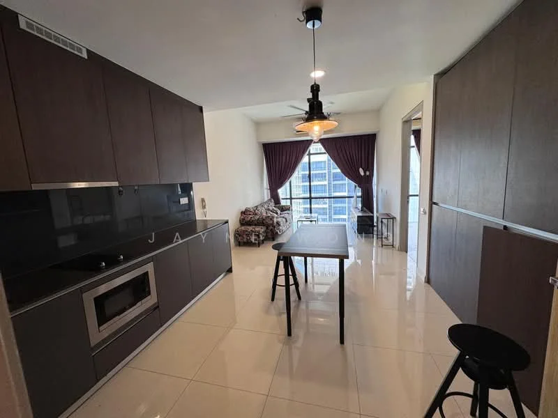 Kitchen features: dark wood cabinetry, black countertop, stainless-steel microwave, built-in oven, ceramic tile flooring, pendant light fixture, window with city view, dining table with chairs, sofa, curtains, refrigerator, open layout; style: modern; view: city.