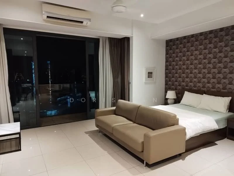 Bedroom features: king-size bed with white bedding, upholstered headboard, 3-seater leather sofa in beige, floor-to-ceiling windows, curtains, wall-mounted air conditioning unit, recessed ceiling lights, cream painted walls, tile flooring, decorative accent wall with geometric pattern; style: modern; view: city.
