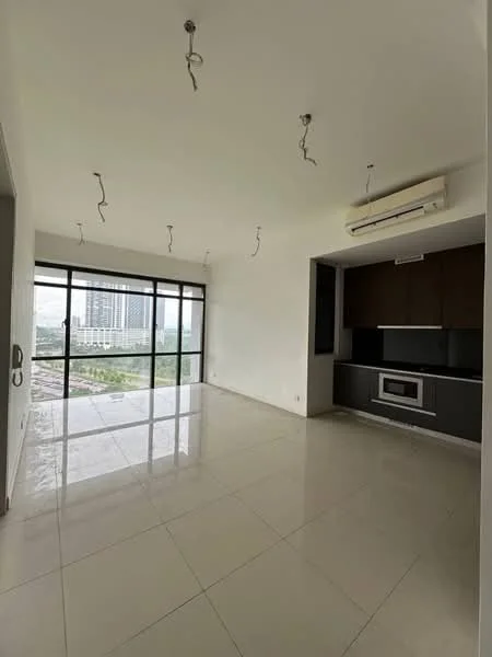 Living features: large floor-to-ceiling windows, white painted walls, polished ceramic tile flooring, recessed downlights, wall-mounted air conditioning unit, built-in cabinetry, microwave, kitchenette area, open layout, city view; style: modern; view: city.