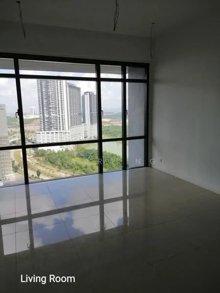 Living features: floor-to-ceiling windows, white painted walls, polished tile flooring, city skyline view, recessed ceiling lights, open layout, no visible furniture, natural light; style: modern; view: city.