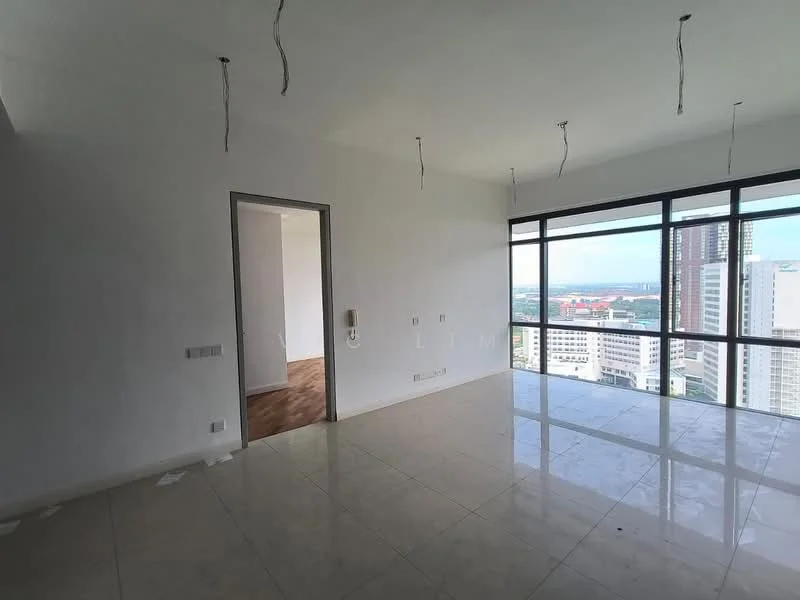 Living features: large floor-to-ceiling windows, white painted walls, marble tile flooring, unfurnished space, city view, exposed ceiling wiring, open layout, natural light; style: modern; view: city. Room features: white painted walls, wood flooring, doorway leading to another room.