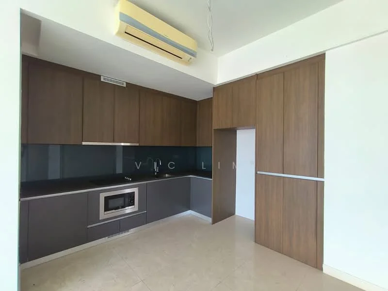 Kitchen features: dark wood cabinetry, grey lower cabinets, black countertop, black backsplash, built-in microwave, stainless-steel oven, stainless-steel sink, single-bowl stainless-steel sink, recessed downlights, wall-mounted split AC, cream tile flooring; style: modern.