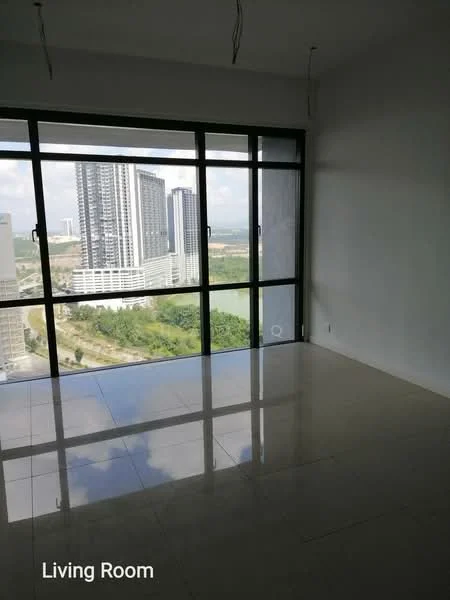 Living features: large floor-to-ceiling windows, city skyline view, white painted walls, polished tile flooring, no visible furniture, natural light, minimalist design, high ceiling; style: modern; view: city.