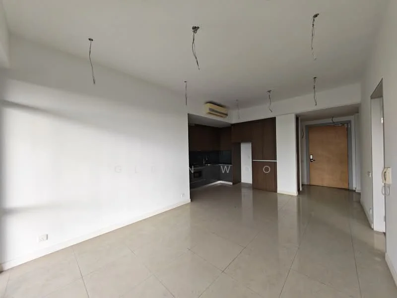 Living features: white painted walls, cream tiled flooring, recessed ceiling lights, air conditioning unit, open layout, kitchenette area, large windows, doorway to hallway; style: modern.