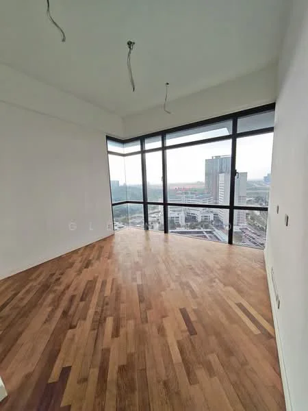 Room features: wooden flooring, floor-to-ceiling windows, city view, white painted walls, exposed ceiling with electrical wiring; style: modern; view: city.
