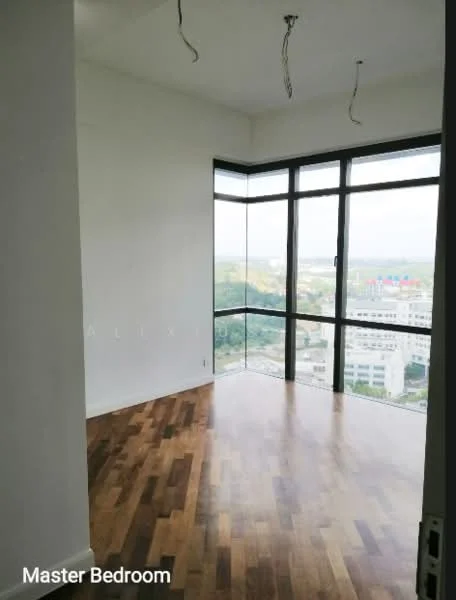 Bedroom features: wooden flooring, floor-to-ceiling windows, city view, white painted walls, recessed ceiling, hanging light fixtures, corner layout; style: modern; view: city.