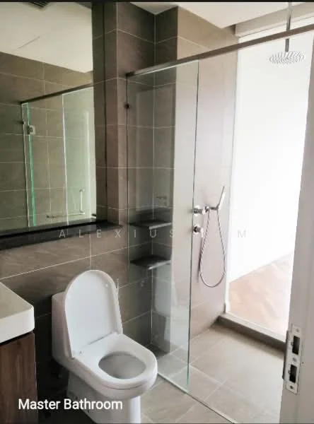 Bathroom features: glass shower enclosure, rain shower head, handheld shower, white toilet, vanity with wood cabinet, mirror above vanity, grey tiled walls, light grey tiled flooring; style: modern.