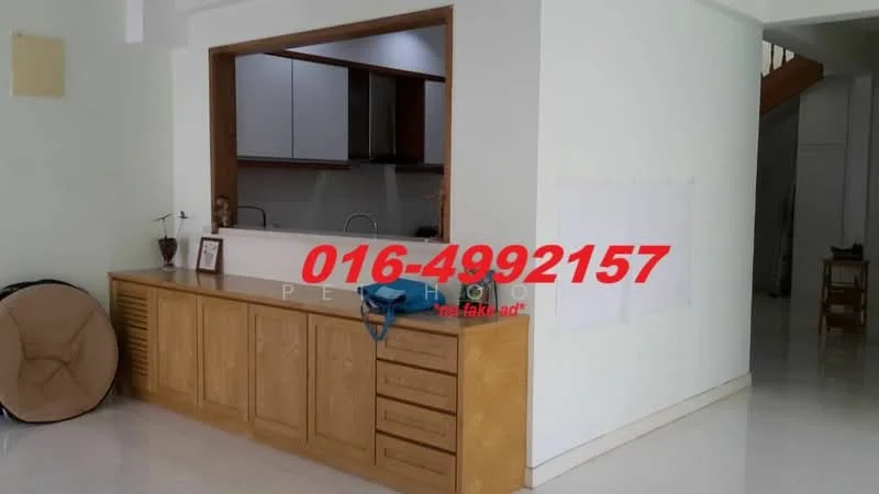 Room features: white painted walls, glossy tile flooring, wooden cabinetry, open kitchen layout, countertop, built-in storage, staircase visible in background; style: modern.