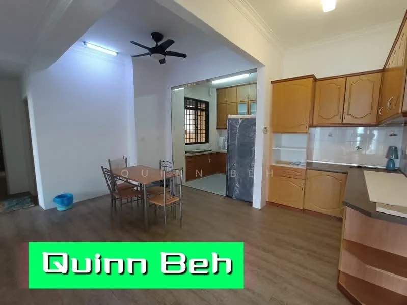 Kitchen features: wood cabinetry, white countertop, stainless-steel sink, chrome faucet, built-in oven, freestanding refrigerator, ceramic tile backsplash, window with grid pattern, ceiling fan, laminate flooring; style: modern. Dining features: 4-seater dining table, metal chairs, laminate flooring; style: modern.