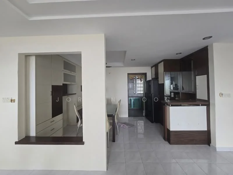 Kitchen features: white cabinetry, dark wood cabinetry, black refrigerator, built-in oven, ceramic tile flooring, recessed downlights, open layout, breakfast bar, window with natural light; style: modern. Dining features: dining table, dining chairs, open layout, natural light from window; style: modern.